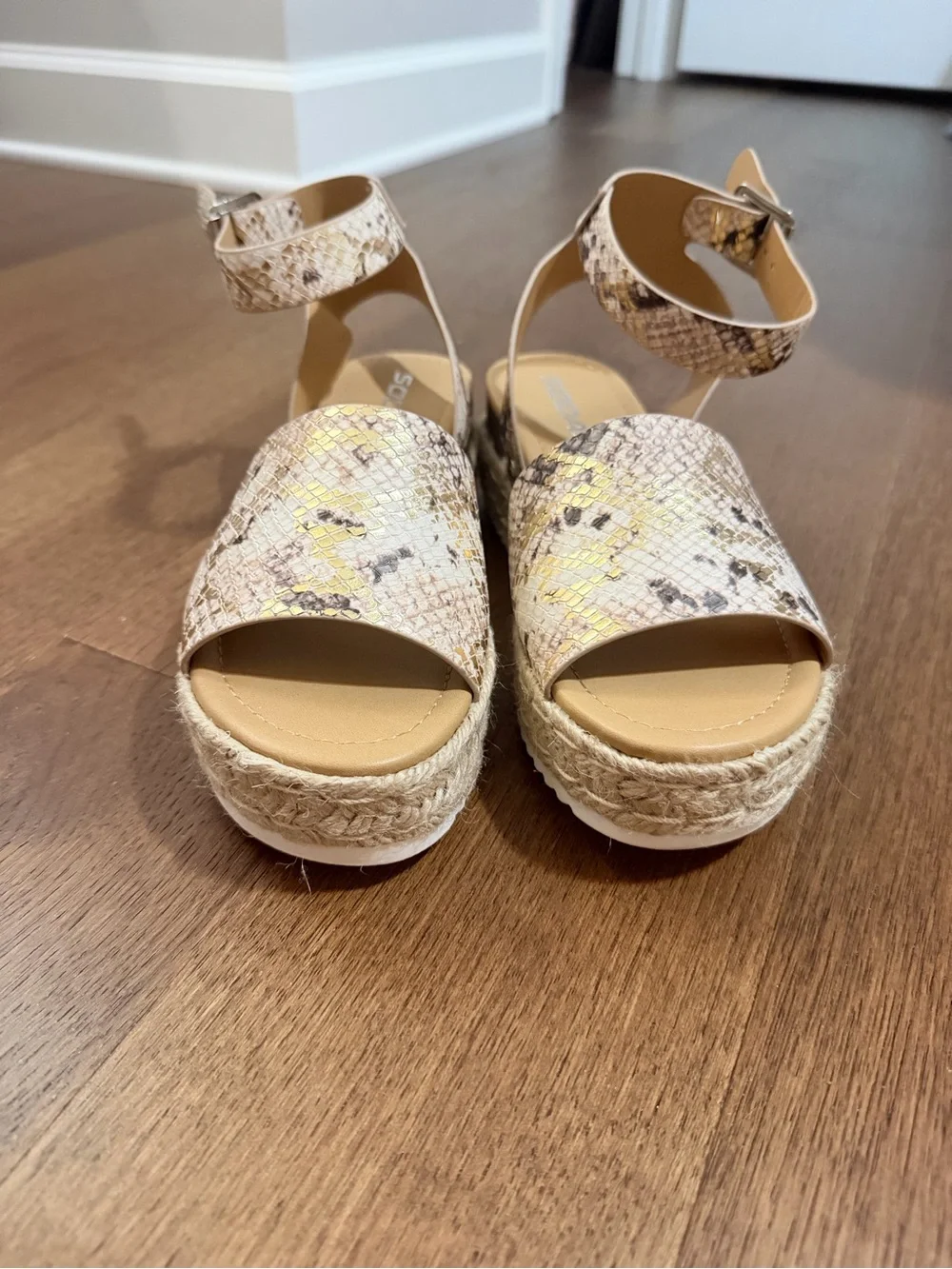 Soda Snake-Print Espadrille Wedge Sandals in Cream and Tan